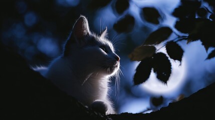 Silhouetted kitten gazing curiously through dappled evening sunlight