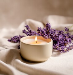 Elegant lit candle surrounded by fragrant purple lavender sprigs