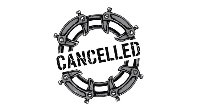 Cancellation Stamp: A bold stamp design, featuring the word CANCELLED overlaid on a cogwheel. Representing the concept of termination, stoppage, and annulment. 
