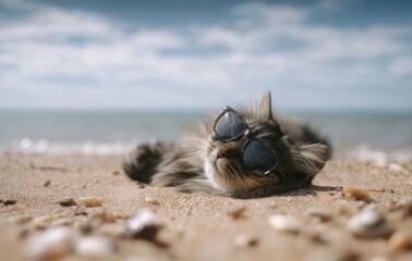 Adorable kitten lounging on beach with stylish sunglasses in sunny weather