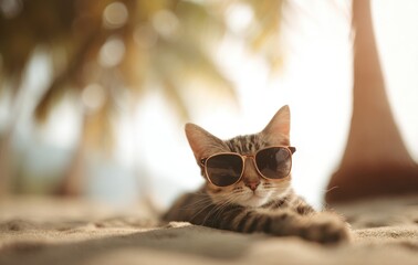 Stylish tabby cat lounging with trendy sunglasses on sandy beach