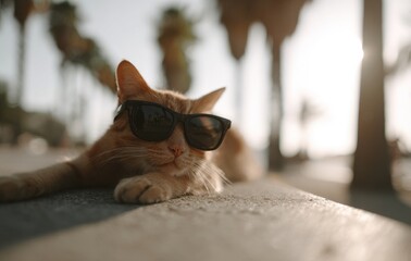 Stylish ginger cat lounging coolly with trendy sunglasses outdoors