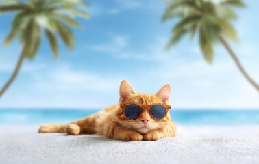 Relaxed ginger cat lounging on beach with stylish sunglasses under palm trees