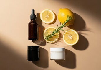 A flat lay of lemons, herbs, and skincare products on a beige surface with shadows