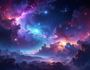 Surreal digital painting of swirling nebulae and distant stars