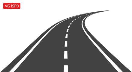 Curving asphalt road with white dashed line on white background