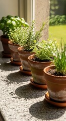 Row of potted culinary herbs receives bright sunlight on an indoor windowsill.