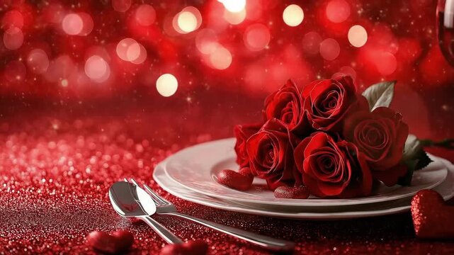 Elegant red roses on sparkling surface with silverware arrangement. The 14th of February. Happy Valentine's Day