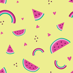Cheerful Seamless Watermelon and Rainbow Pattern on Yellow Background in Bright Flat Vector Style