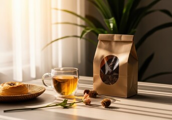 Cozy morning scene with tea, pastry, and a bag of coffee beans on a table by a window with a plant