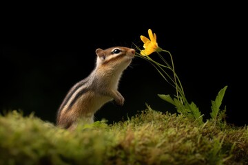 Curious chipmunk sniffing bright yellow wildflower on mossy ground