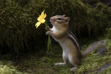 Curious chipmunk holding delicate yellow wildflower outdoors