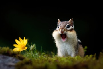Adorable chipmunk chirping amidst glowing yellow flowers in lush green moss
