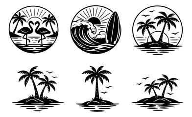 Fototapeta premium Line art tropical illustration set featuring flamingos, surfboards, and palm tree islands for summer vacation