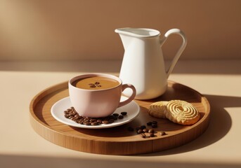 A pink coffee cup on a saucer with coffee beans and a pastry on a wooden tray with a white jug