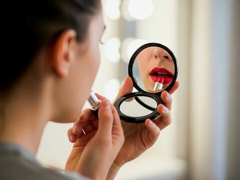 woman applying red lipstick makeup routine concept. 