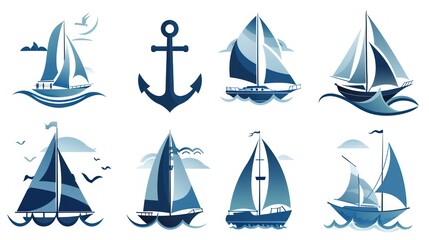Sailboats and anchor illustration set in blue tones for maritime design