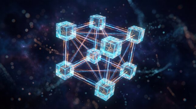 Glowing cyan blockchain cube network with neon wireframe nodes on dark space bokeh background for technology banner or website header