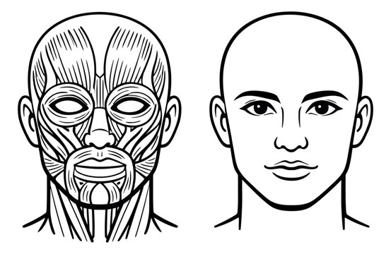 Line art human head anatomy set featuring facial muscles and a simplified face for medical education