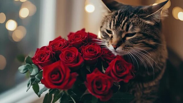 Fluffy cat with red roses near window and festive lights. The 14th of February. Happy Valentine's Day