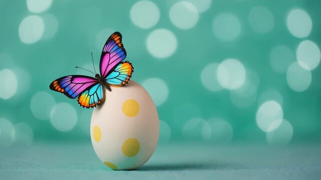 Painted easter egg with colorful butterfly isolated on the light teal bokeh background.
