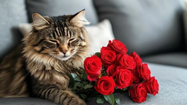 Tabby cat with red roses on a sofa. The 14th of February. Happy Valentine's Day