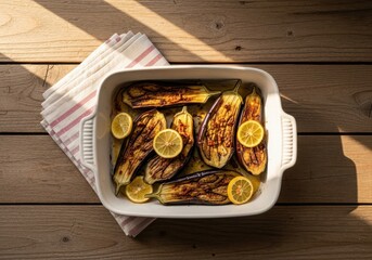 Grilled eggplant slices with lemon in a baking dish on a wooden table
