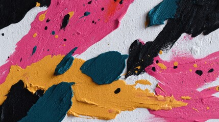 Vibrant abstract splatter painting with bold pink, yellow, and navy strokes
