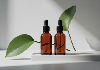 Two brown glass bottles with black droppers on a white platform with green leaves