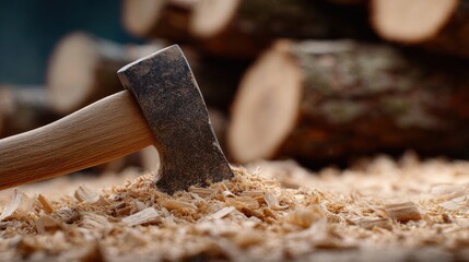 Rustic axe embedded in freshly chopped wooden shavings with logs in background