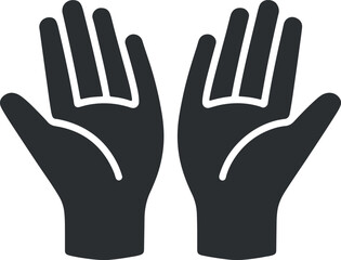 Obraz premium open hands prayer and worship icon black silhouette vector, raised hands supplication and spirituality symbol isolated on white, praying hands gesture minimal flat design