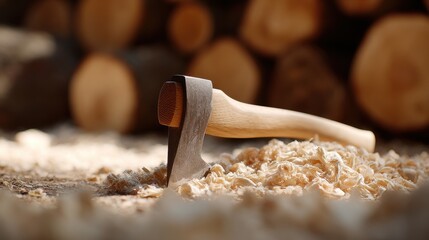 Rustic axe embedded in freshly chopped wooden shavings near logs