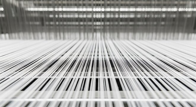 Perspective view of an industrial metal grid structure with parallel bars stretching into the distance
