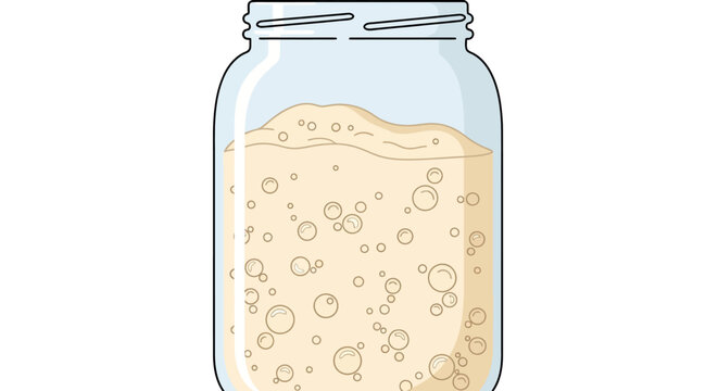 Detailed vector illustration of active bubbling sourdough starter (levain or mother culture) in a clear glass mason jar, representing natural fermentation for homemade bread baking.