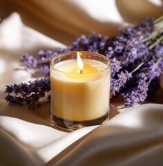 Glowing lavender scented candle beside fresh purple lavender sprigs