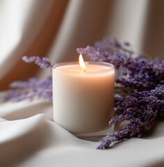 Glowing lavender-scented candle surrounded by fragrant purple blooms on soft cloth