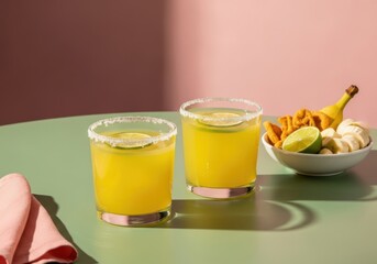 Two glasses of freshly squeezed orange juice on a green table with a bowl of fruit