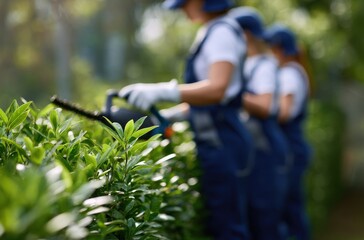 Diligent workers spraying pesticides on lush green tea plants outdoors
