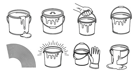 Obraz premium Hand drawn line art paint bucket set featuring open and spilling containers with painting accessories for home improvement projects