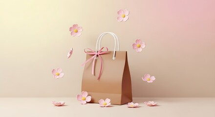 Elegant beige shopping bag with pink ribbon and floating flowers design