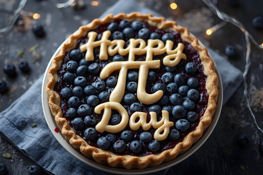 Festive blueberry pie decorated with Happy Pi Day text and mathematical symbol