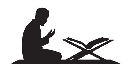 Man praying with open holy book in silhouette style on white background
