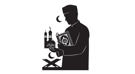 Muslim man praying with Quran during Ramadan in minimalist style