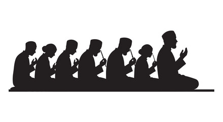 Muslim men praying in a row with devotion and serenity