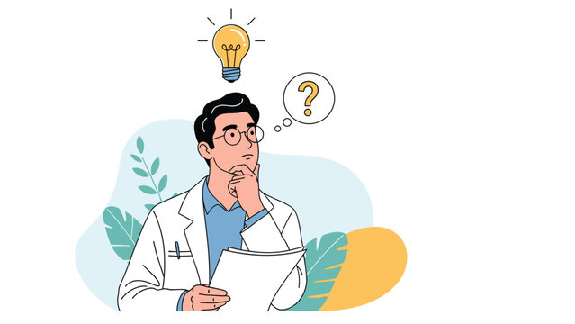 Male doctor in a white lab coat thinking deeply about a complex medical problem with a glowing lightbulb idea and question mark.