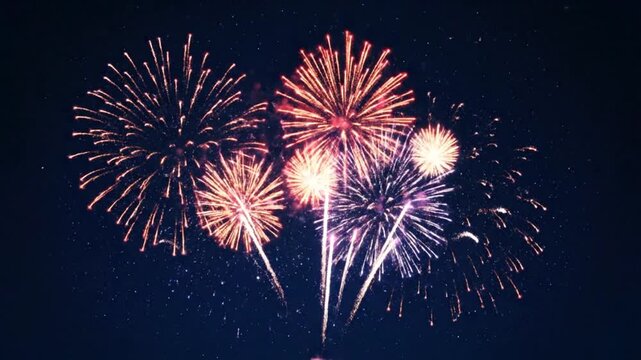 Vibrant fireworks display exploding in the starry night sky, painting the darkness with dazzling colors and patterns for a festive occasion.