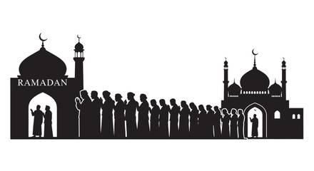 Muslim people praying in front of mosque during Ramadan with copy space