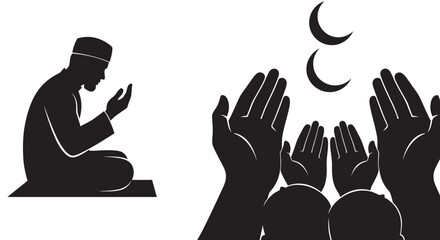 Muslim man praying with community raising hands in worship during Ramadan with crescent moons