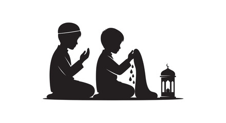 Muslim children praying together with prayer beads and lantern