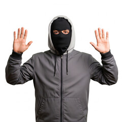 Mysterious person in black mask and hooded jacket gesturing with palms up